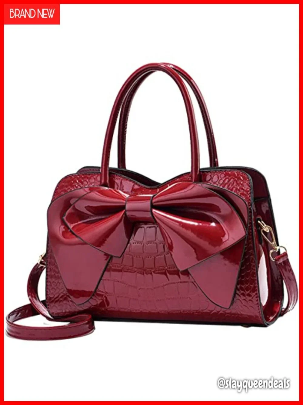 Patent Leather Bowknot Satchel Tote Handbag with Top Handle, Shoulder Strap